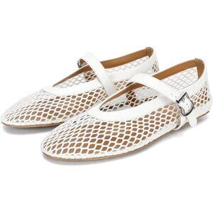 Women's White Mesh Ballet Flats Buckle Strap Fishnet Casual Comfy Office Shoes